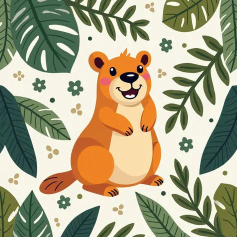  Cute perfect capybara pattern .  Funny capybara , flawless animal ,  adorable exotic animal , Ultra HD image, 8K,  with beautiful tropical leaf backgrounds from South America. Textile design ,  wrapping paper , papel tapiz.  Fabric print .  Cartoon vector...