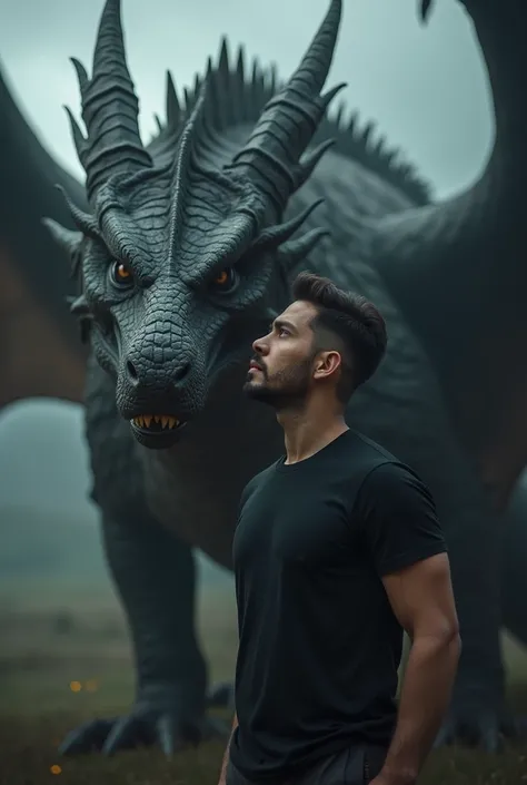 A black t-shirt man photographed with a dragon