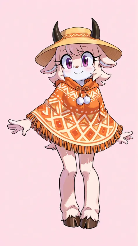 Female furry "A cartoon-style anthropomorphic goat character with a colorful and cheerful design. The goat has soft cream-colored fur, short curved horns, and expressive purple eyes with long eyelashes. Its face features a friendly and slightly mischievous...