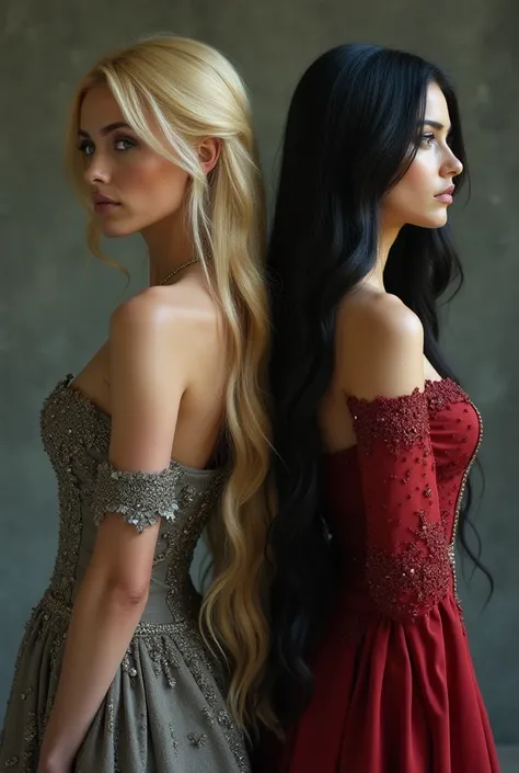 
"Two noble ladies standing side by side, not facing each other but with their heads tilted slightly in profile view. The first lady has long golden blonde hair with bright green eyes, wearing an elegant gown and a serious expression with slightly furrowed...