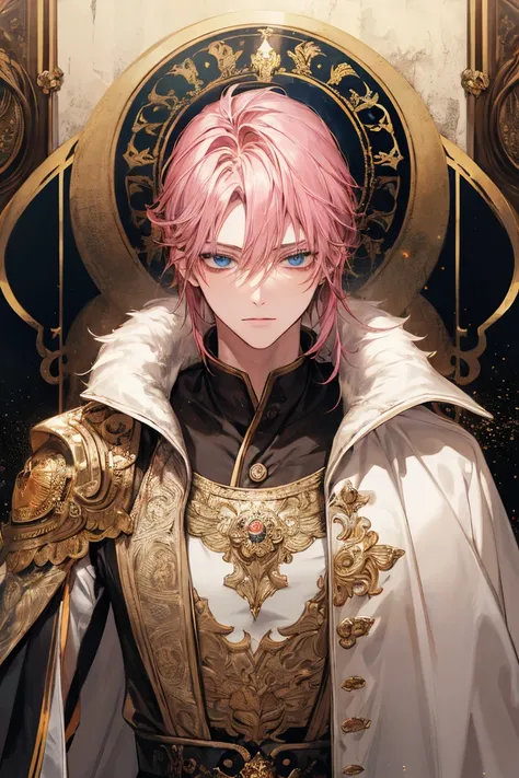 solo、 high definition、 high quality 、 high quality、 Top Masterpieces、 pink hair color、 has blue eyes、 mature male、European sacred white coat、Golden embroidery、 has big eyes 、