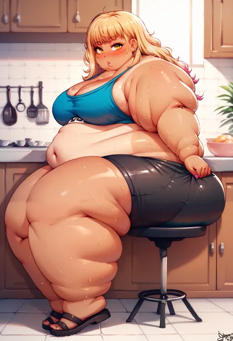 ((sexy girl ,gyaru))nsfw,glamorous, blushing, flushed face, looking at viewer, yellow eyes, long curly blonde hair, tan lines, sweating, big hips, big breasts, fat, chubby, obese, round face, wearing a blue tank top, midriff, black bike shorts, sandals, fu...