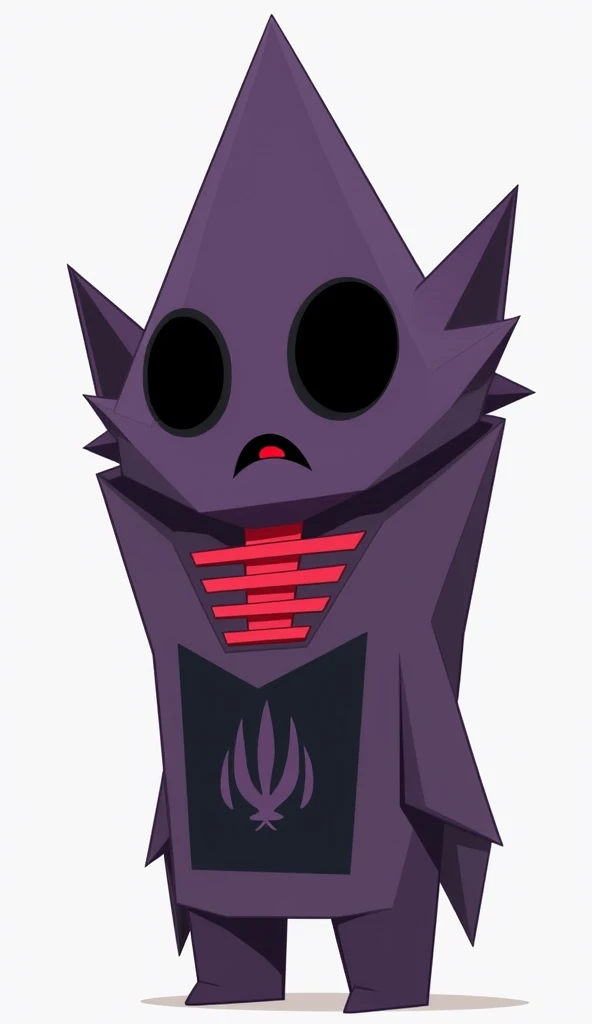 "A dark purple cartoon character with a triangular, spiky head. It has large, hollow black eyes and a small circular open mouth. Red rib-like details are visible on its neck, and its geometric body features a dark patch with a claw-like symbol. The design ...