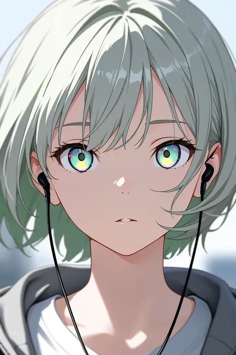  shortcut,  1 girl in the best, Gray Hair, gradation colored eyes that aren't energetic,  light green eyes , high resolution,  simple background,  wide angle shot, Earphones,  blurred background,  cool