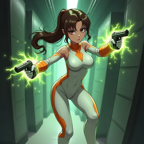 Beautiful, evil supervillainess with ponytailed  brunette hair and a skintight white costume with orange accents. Green electricity dances across her hands as she nimbly dodges gunfire by performing midair. Setting is a bank vault mid robbery. Anime style....