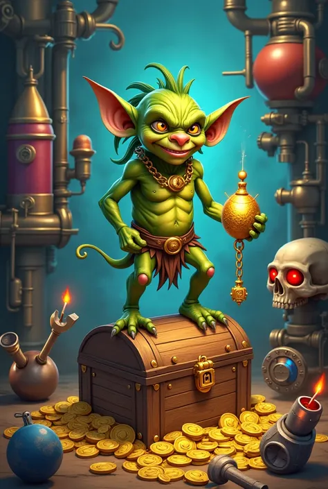 "A mischievous goblin standing atop a pile of gold coins, holding a golden amulet with a chain, inspecting it closely. Surrounding the goblin are various items, including a wooden chest with a lock, colorful rockets and fireworks, a large wrench, gears, a ...