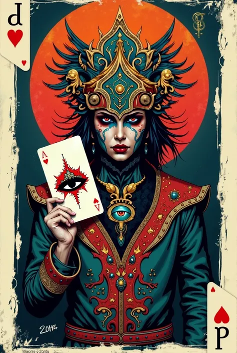 Create an artistic reinterpretation of a playing card, specifically the Jack of Spades. Your design should feature a mysterious character with a captivating headpiece adorned with intricate patterns and vibrant colors. The character should be holding up a ...