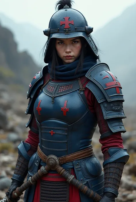 A girl with dark blue and red armor and Helmet with red 
cross and a black and red katana 