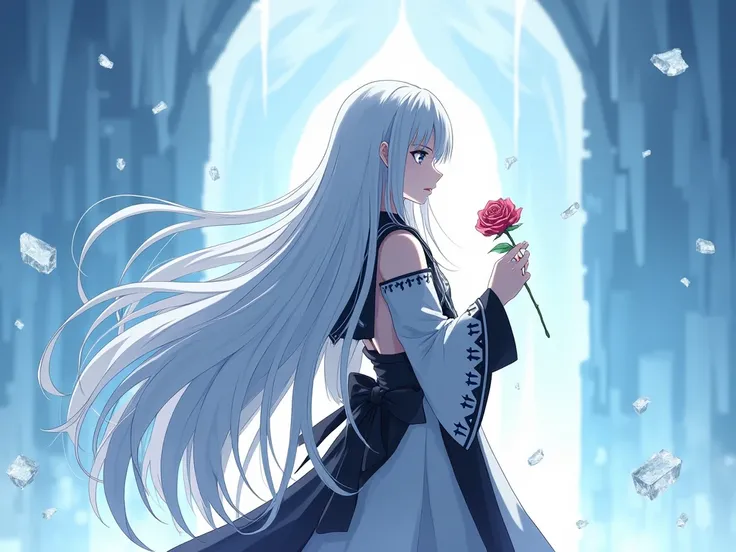 A white long-haired female anime character wearing a black cropped white robe with a long-sleeved hood, long legs, gray eyes, about 20 years old, controls the ice power with her left hand. The back is an ice temple, holding an icy rose in her right hand an...