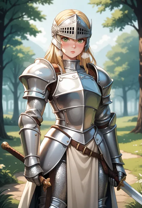 Perfect CG unity 8K UHD wallpaper, Perfect CG unity 8K UHD wallpaper, absurdres, best quality, 1girl, solo, looking at viewer, knight, plate armor, blonde hair, bright green eyes, knight helmet, closed helmet, open visor, huge shoulderpads, chainmail skirt...