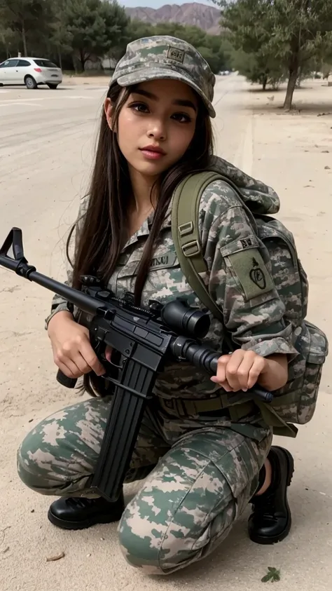 cowboy shot、Low angle、(( Putting One Knee on the Ground and Spreading Her Legs ))、Arafe female soldier with gun and rifle in the desert,Arabian woman in camouflage outfit holding a gun、
 tea hair、Sniper girl in war、Soldier girl with a rifle、Beautiful femal...