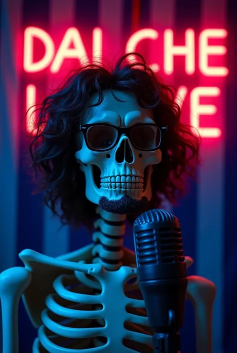 Skeleton with black-rimmed glasses ,  with thick hair of curly hair and a beard , Who sadly waits in front of a YouTuber-style microphone and in the background a Nerazzurri Atalanta flag with the neon inscription DAI CHE L'VE
