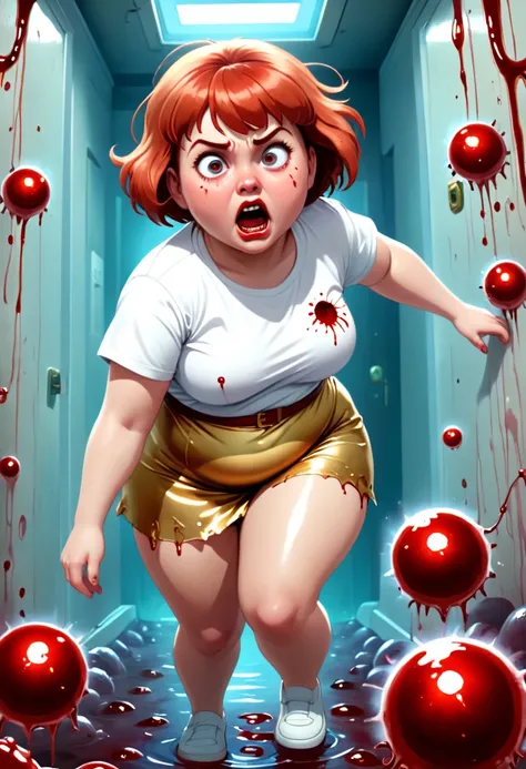  Retro scifiction-style cinematic image, terror .  Inside the human body of a giant, Where a chubby little red-haired girl with a tanned shiny gold panties travels in search of a way out, Call of panic ,  wandering through the bloodstream , dodging viruses...