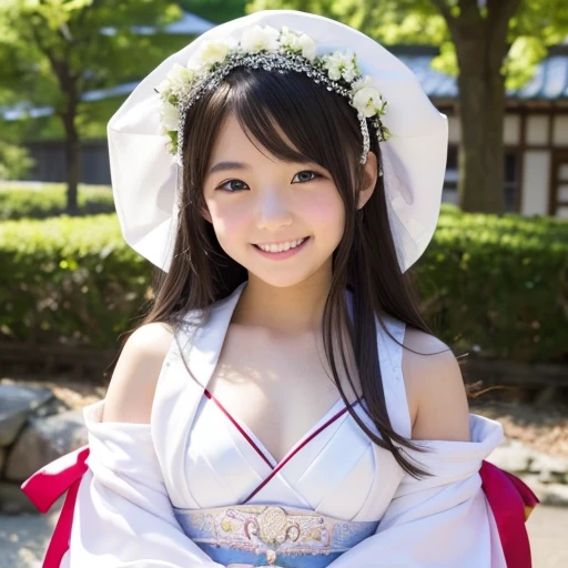    she's smiling 、 The chest is exposed、 white skin、  middle school girls、Japanese bride costume、