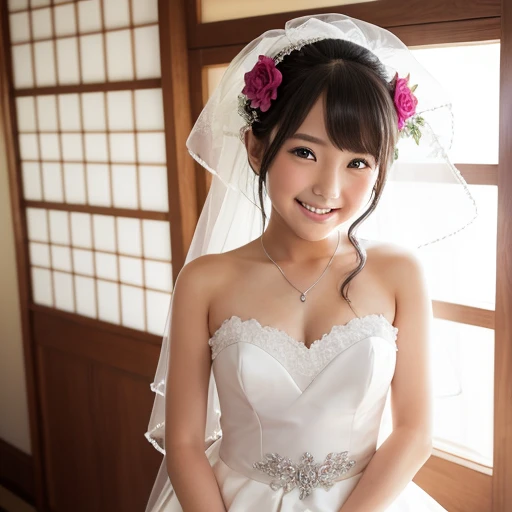    she's smiling 、 The chest is exposed、 white skin、  middle school girls、Japanese bride costume、