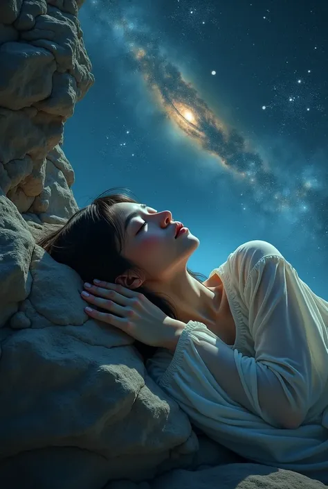 A sleeping person with palms placed umder the chin, head resting against a rock,seen from the się, Universe on the background.