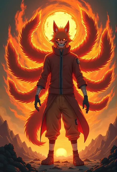 Naruto Uzumaki, Nine-Tailed Fox, colored, manga style, menacing demonic expression, massive chakra aura, razor-sharp fangs, glowing red eyes, nine tails spread majestically, destructive orange chakra swirling, colossal size, threatening pose, mountain-size...