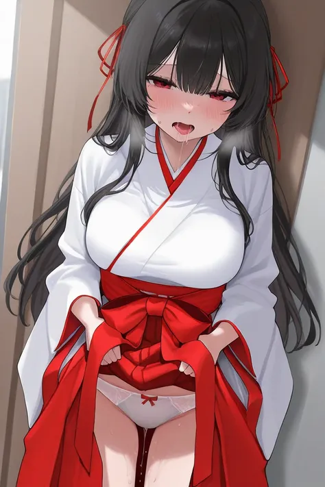 Red and white shrine maiden costume　Hakama　Molester　white underwear with ribbon　The semen is dripping out of my underwear 　Inserting　 while standing 　 saliva 　fear　 inserted from behind　 backspace　 black hair long hair