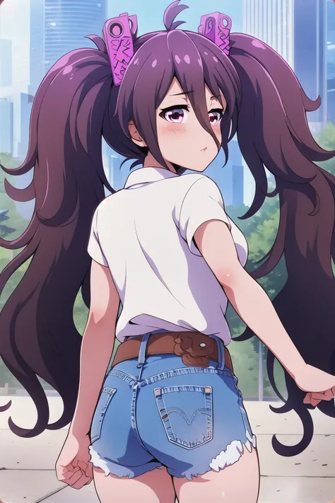 (masterpiece, best quality), tsubuzakianko, solo, outdoors, city, purple hair, antenna hair, twintails, hair ornament, hair between eyes, very long hair, pink eyes, medium breasts, white shirt, denim shorts, shorts rolled up, belt, closed mouth, pink lips,...