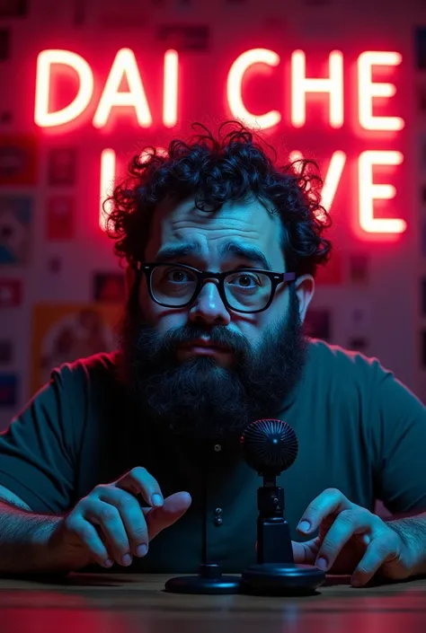 Chubby and disconsolate skeleton with black-framed glasses, with thick hair of curly hair and a beard, Who is waiting sadly in front of a YouTuber-style microphone and in the background an Atalanta flag with the neon inscription DAI CHE L'VE
