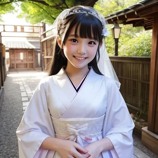    she's smiling 、 The chest is exposed、 white skin、  middle school girls、Japanese bride costume、