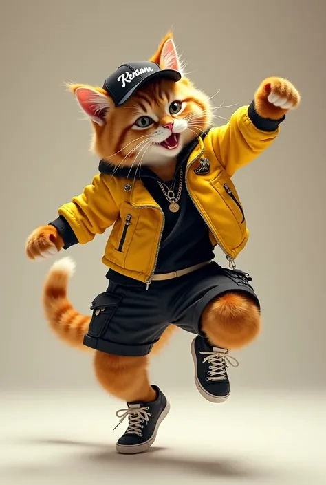 A cool and cute male cat is dressed as a kpop dancer and standing on the floor jumping。  The hat says KERSANA。
The coat color is a yellow of black and white.。