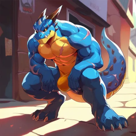 score_9, score_8_up, score_7_up, score_6_up, furry, male, anthro, bara, full body, muscular, in the alleyway, tail, dragon, detailed background, by negger, by null-ghost, 4 toes, idling, front view, naked, legs spread, blue body, few body scars, skull helm...