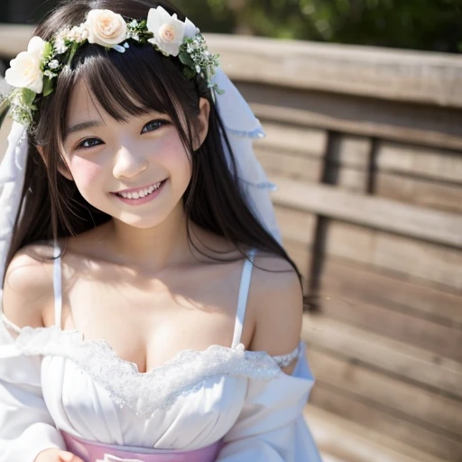    she's smiling 、 My chest is all exposed、 white skin、  middle school girls、Japanese bride costume、