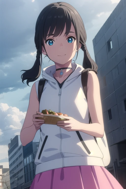  grey, Hinameno ,   black hair,  Twin Tails, blue eyes, smile,
break skirt,  jacket ,  sleeveless,  choker, Food, bag, Foodie, white  jacket ,  backpack, Food down, Fooded  jacket ,  Pink Skirt ,  sleeveless  jacket ,  sleeveless Foodie,
break outdoors, nu...