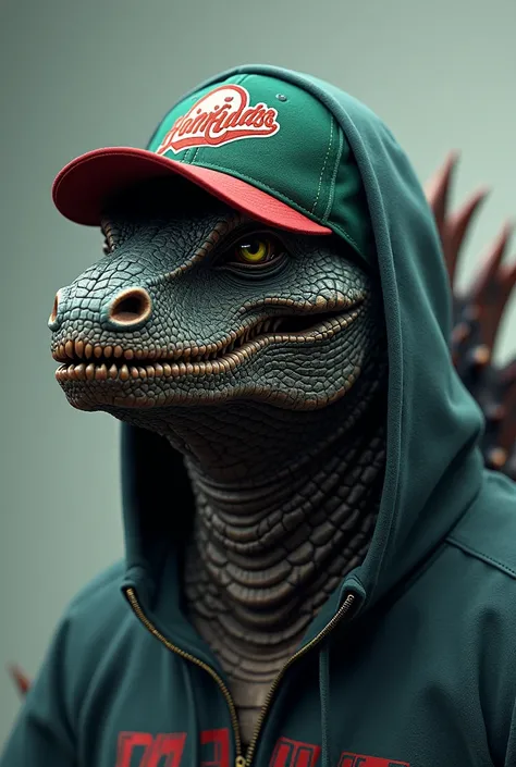 Generate an Instagram avatar ,  that will realistically depict Godzilla's head wearing Jordan's baseball cap and Jordan hooded bike 