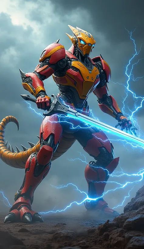 A red and yellow chameleon-like fighting robot holding a sword and emitting blue lightning from its body.