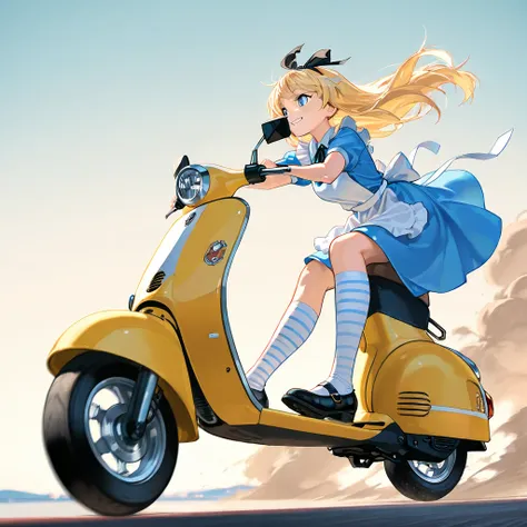 Quality: ((Best quality illustration)), (masterpiece), ((Detailed)).
Style: Bruce_Timm style, comic art, fun, humorous, epic, powerful.
Summary: A beautiful girl riding a VESPA (scooter).
Characters: alice_(alice_in_wonderland), alice_in_wonderland, 1girl,...