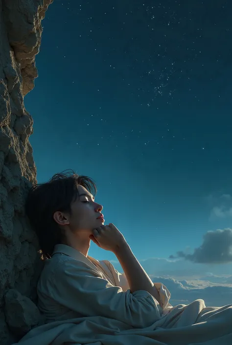 A sleeping person with palms placed under the chin, lying on the side, head resting against a rock, Universe in the background.