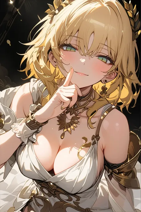 (best quality, 8K, masterpiece:1.3), anime, Aglaea, no pupil, empty eyes, goddess, mature, white dress, white flower, golden flower ornament, straped dress, long skirt, white skirt, side slit, detached sleeves, gold trim, greek clothes, arm armor, brown ar...