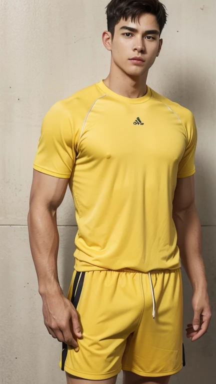 solo , 1man ,  American man Standing , yellow workout clothes , look at the viewer 