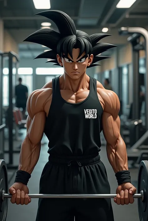 Goku in sportswear,  color black, brand "Vegito World"In the gym I lift weights, 8K, fotorrealistic, realistic 