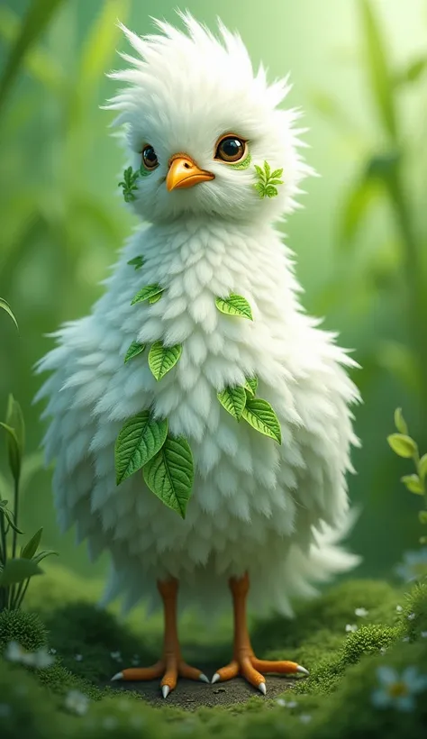 The cute bird is white and its plumage is like a stand and in its plumage it is filled with green cubs.green grass background .create a real 