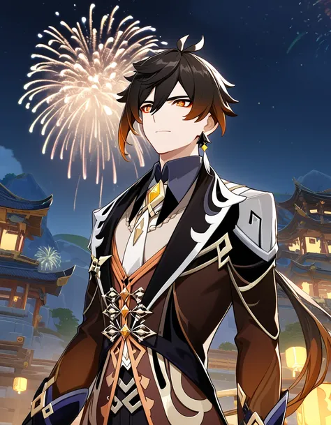 Zhongli (genshin impact), Looking Left, Protruding from the right side of the screen, Fireworks, night, detailed background, formal suit, masterpiece, intricate details, high resolution, perfect anatomy, detailed face, detailed eyes, formal dress