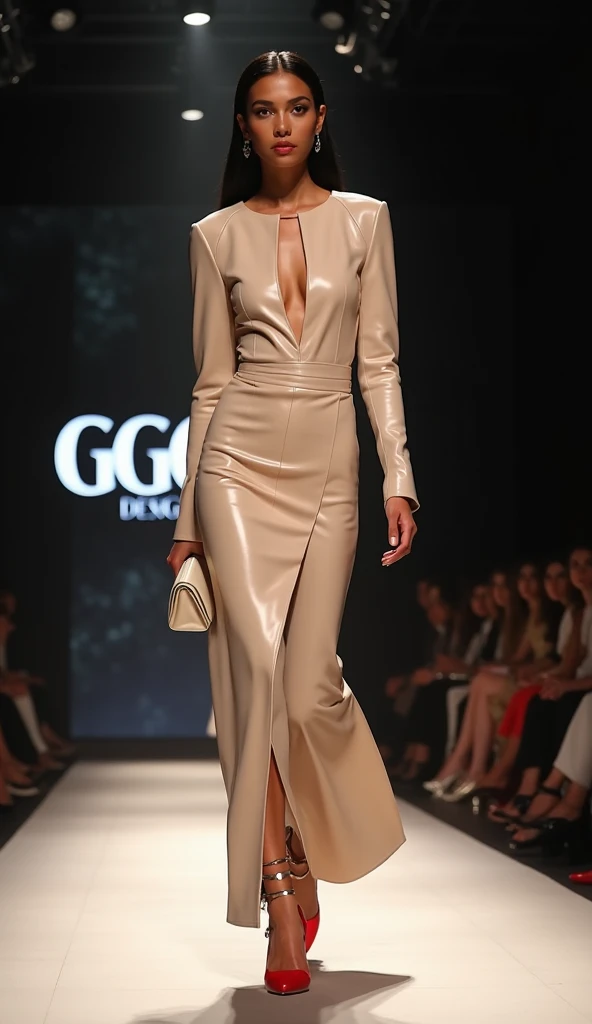   Glamorous scene a fashion runway featuring an exceptionally beautiful female model ,  confidently walking along the catwalk . Her flawless ,  radiant skin and sharp ,   symmetrical features are accentuated by thin  , elegant makeup.   Her smooth black ha...