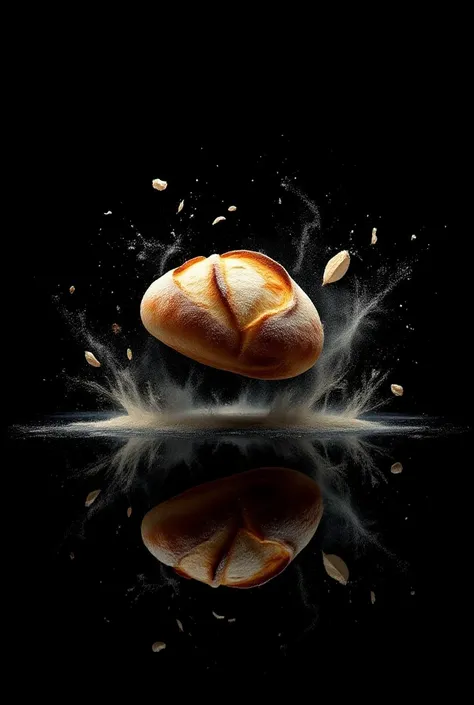 Sourdough with flying ingridients. :1 plane black background with reflection. the film light, panoramic shot, is very breathtaking, very realistic, 8k quality, hyper realistic, ultra realism.
