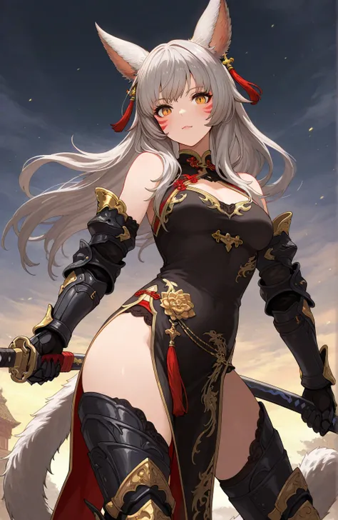 Masterpiece, Anatomically Correct, High Resolution, High Quality, 
Close up, 

Miqote ears, ffxiv, final fantasy,
Grey hair, amber eyes, red whisker face paint, black with gold accents chinese dress, bare shoulders, black steel armored gauntlets, black ste...