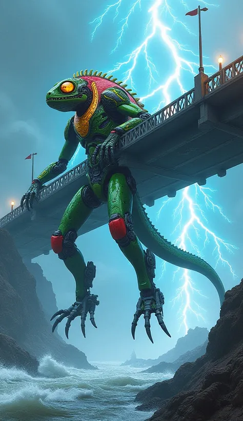 A green, red, and yellow chameleon-like combat robot is lifting a bridge across a river, with a sea of blue lightning.