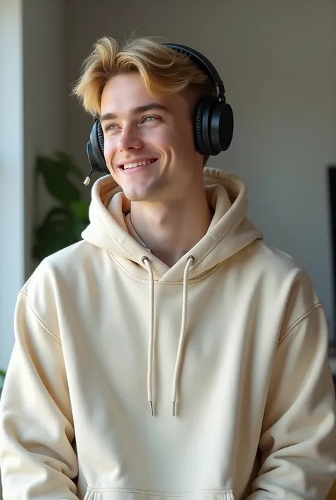 Blond man wearing a hoodie and a headset