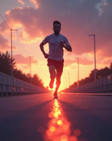 A person running toward a glowing finish line under a vibrant sky, symbolizing dedication and determination