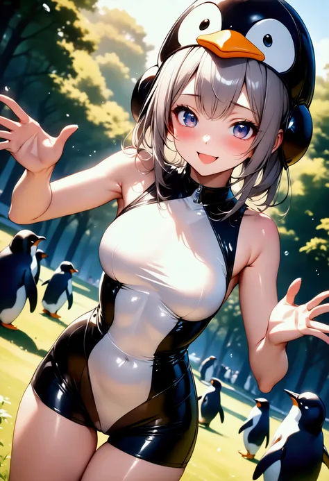 penguin Girl, ((Mascot Costume a penguin, Penguin hat)), Shiny Costumes, break, skinny, alone, solo, Masterpiece, highest quality, highest quality, 16K, incredibly absurd, highly detailed, 2.5D, ai-generated, delicate and dynamic, very delicate facial expr...