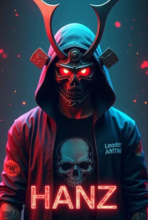  Berikut adalah prompt yang bisa digunakan untuk membuat gambar sesuai permintaan Anda:

Prompt:
"A highly detailed 3D rendering of a man wearing a samurai mask with three horns (Topeng samurai), glowing fiery eyes, and a modern jacket featuring a skull de...