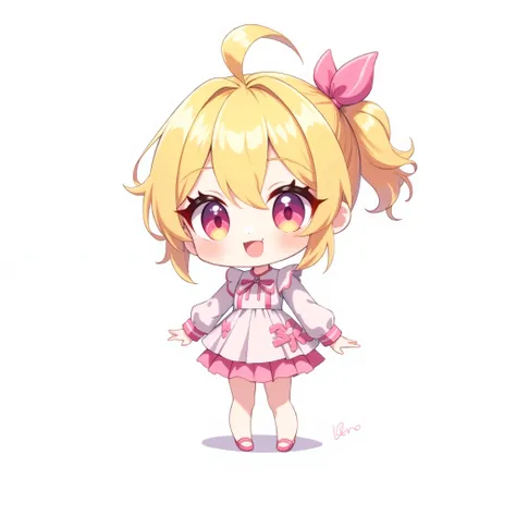 ( chibi:1.4), chibi character, chibi style, toe, (cwhite background:1.4),full body,masterpiece, high quality, 4K, HDR,, A girl with frills, blonde, ponytail, anime-style ,