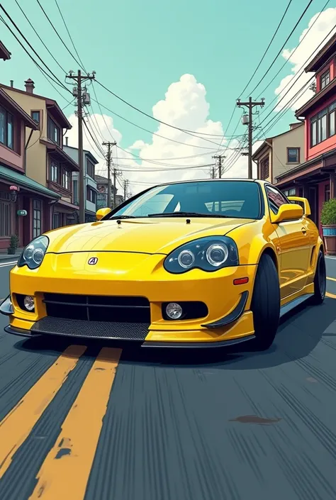  I want an illustration of a car of a 2004 olive yellow Acura RSX Type-s with a carbon fiber cover and APR ponytail, Bumper muge ,  whose background shows something of the Japanese style but without buildings ,  that is inspired by Keiichi Tsuchiya  