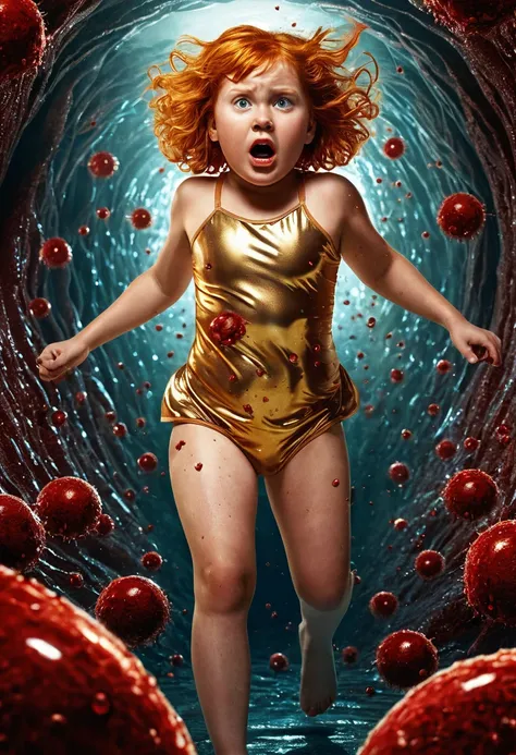  Retro scifiction-style cinematic image, terror .  Inside the human body of a giant, Where a chubby little red-haired girl with a tan in shiny gold metallic underwear travels in search of a hole full of panic,  lost in the blood stream ,and the veins  ,  b...