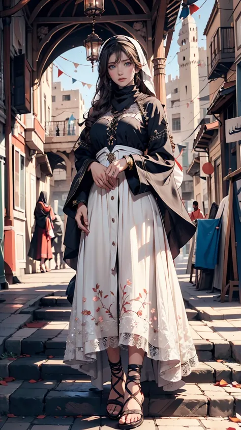  24-year-old white woman 、 a black loose-fitting gown worn in the Middle East (Abaya )、 made of silk and has beautiful embroidery on the cuffs。
Nikarb features a style that shows only the eyes with a veil that covers the entire face、 Lace-up Sandals 、Stree...